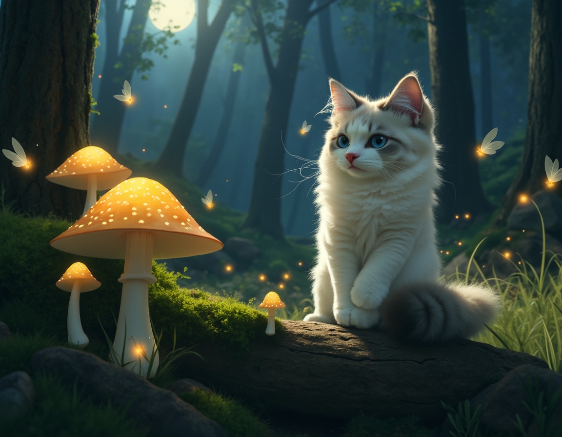 Cat explores a twilight forest alive with bioluminescent mushrooms, sparkling fireflies, and fluttering fairies. The scene captures a sense of enchantment and mystery under the soft glow of moonlight.